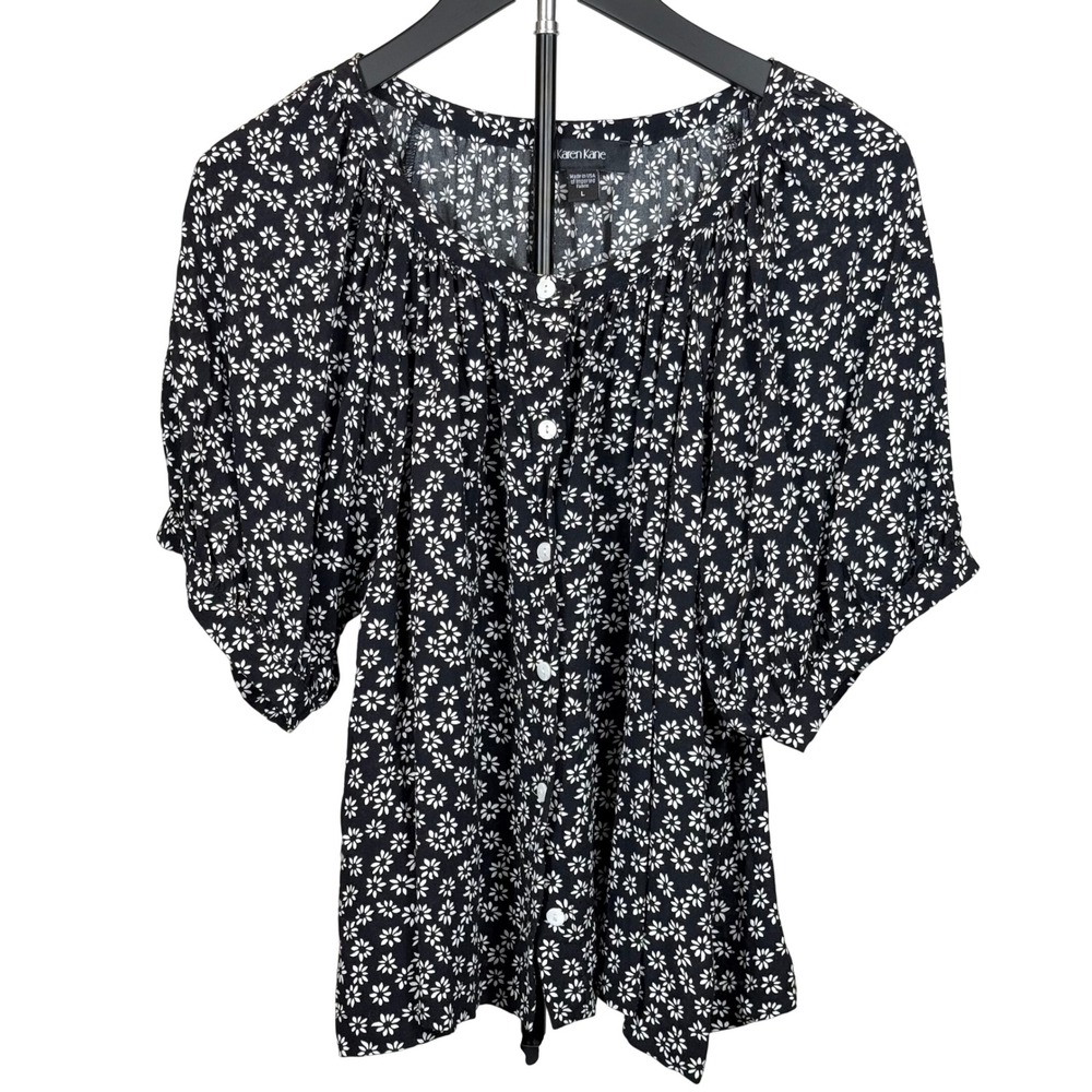 Karen Kane Blouse Women L Black Floral Button Up Puff Sleeve Boho Chic Top